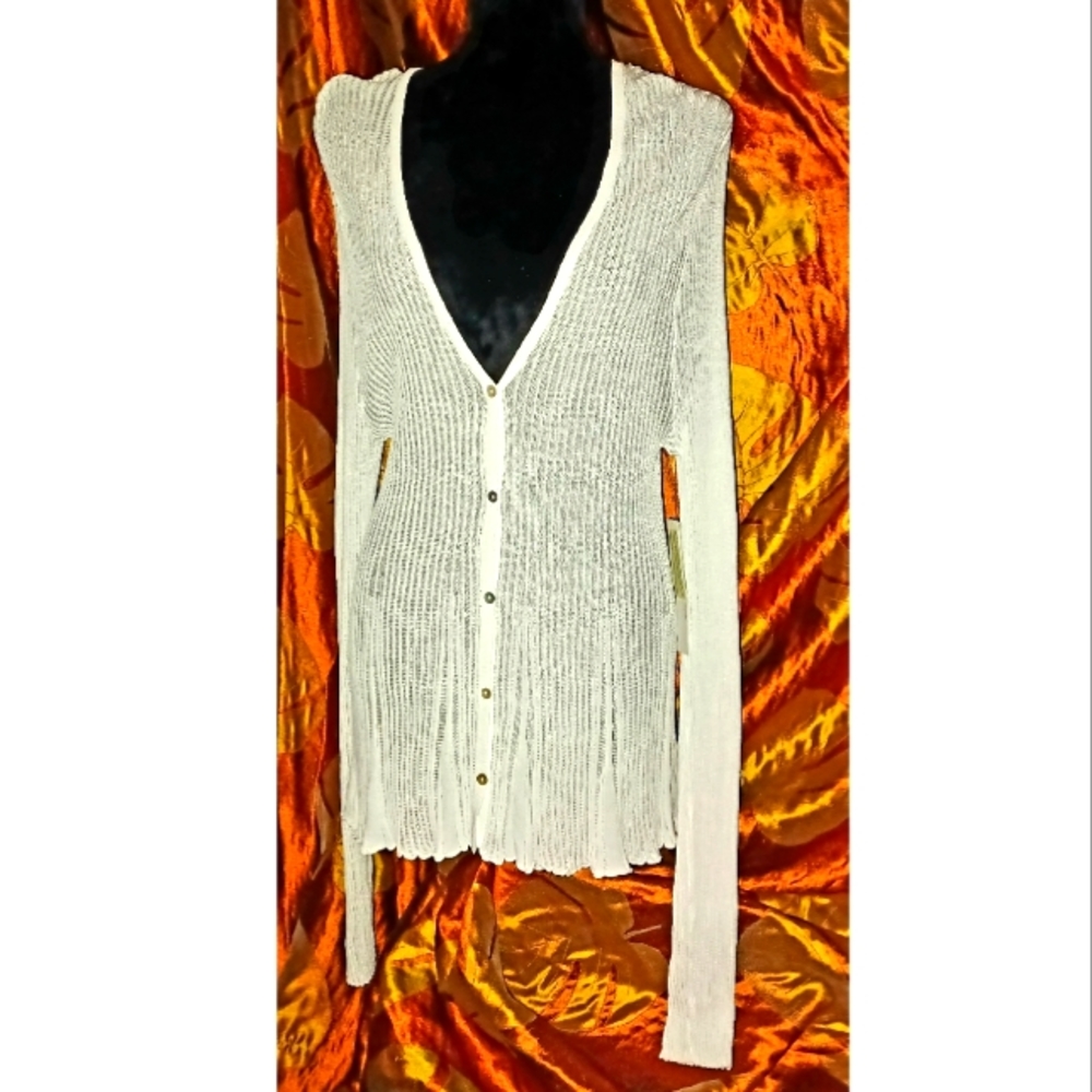 Sigrid Olsen Deep V-Plunge Light Ribbed Button Front Viscose-Blend Cardigan